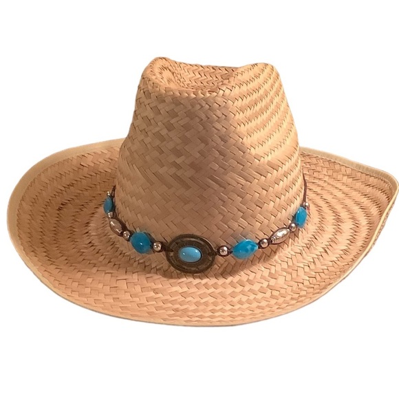 Faux Turquoise Decor Straw Cowboy Hat - Picture 2 of 6